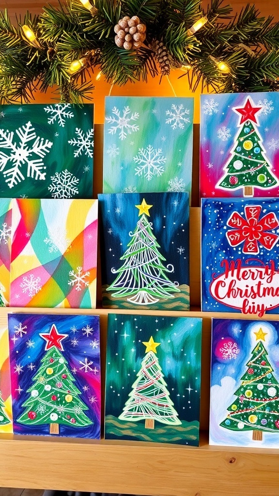 Creative Acrylic Paint Christmas Card Ideas Handmade acrylic paint Christmas cards with colorful designs on a festive table.